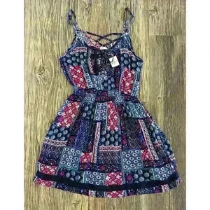 Hollister Patchwork Dress Womens Jrs M Blue Pink Adjustable Straps Elastic Waist